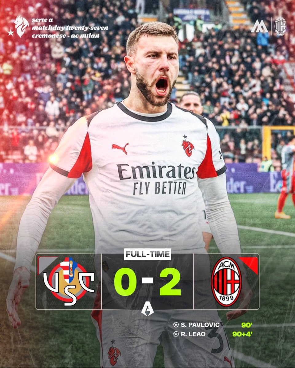 🚨⏱ | 𝑭𝑼𝑳𝑳-𝑻𝑰𝑴𝑬: Hard-fought three points as #ACMilan leave it EXTREMELY late. 😂🤍

Two goals, three points, and a clean sheet get the job done. ✅

#️⃣ #CremoneseMilan 0-2
