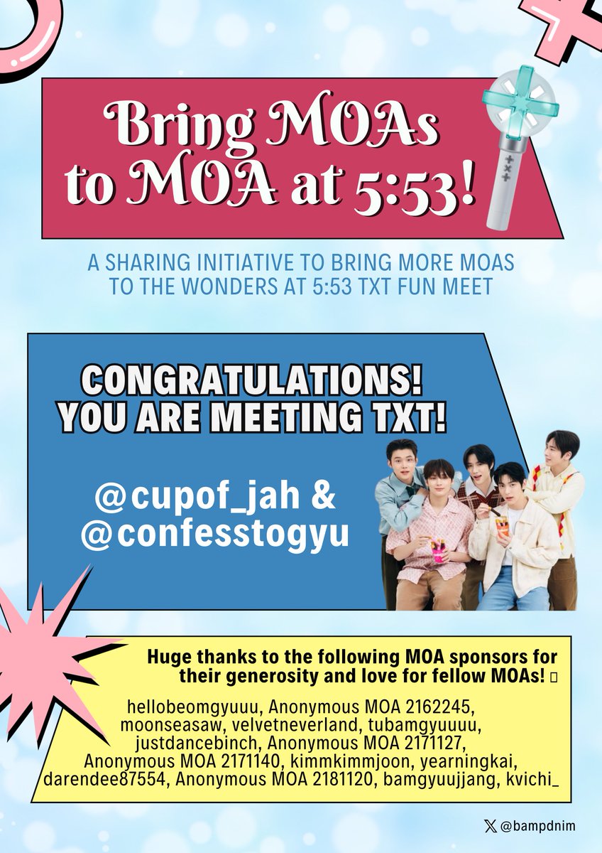 CONGRATULATIONS, <a href="/cupof_jah/">Jarie ✰ .ᐟ | CAPRICE BIG WINNER 🥞</a> AND <a href="/confesstogyu/">kyle ᶻ 𝗓 𐰁 is seeing txt !</a>! MOAs are bringing you to MOA on March 8!!! 🥳🎉

Please DM me to claim your UPPER BOX B TICKET to the TXT #DunkinPH_WondersAt553 Fun Meet! 🫶

A huge thank you once again to each and every MOA who made this possible, especially to