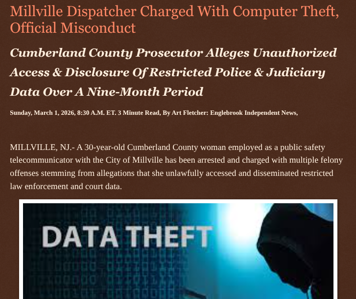 ArtFletcher9's tweet photo. Millville Dispatcher Charged With Computer Theft, Official Misconduct https://t.co/rb2Jz1mFVo via @Englebrooknews #NewJersey #CrimeNews #CumberlandCountyNJ #MillvilleNJ #police #dispatcher #arrested #charged #official #misconduct #computer #theft #data @wireless_step @HRG_Media @LodiNJNews @Fordmb1953 @SarahGeving1 @Shannon96574094 @Daytobehappy @janninereid1 @gator4kb18 @MichelleF_35 @TrumpWasRite2 @KathyKbrose @RobGerundo @JimBobW49
