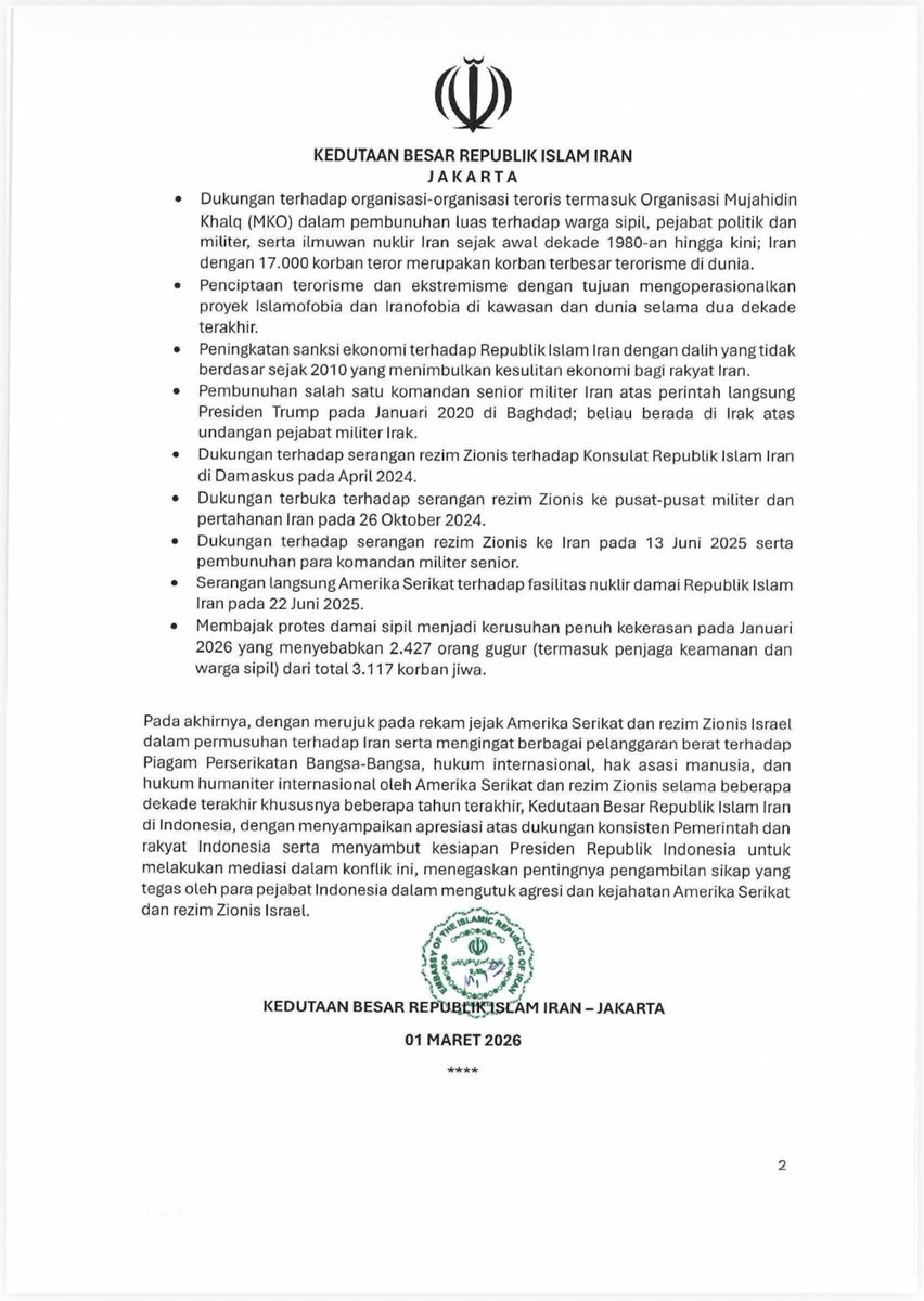 The Iranian Embassy in Jakarta welcomed President Prabowo’s offer to mediate between Washington and Tehran, but also urged Indonesian officials to "take a firm stance in condemning the aggression and crimes of the United States and the Zionist regime of Israel"

📸