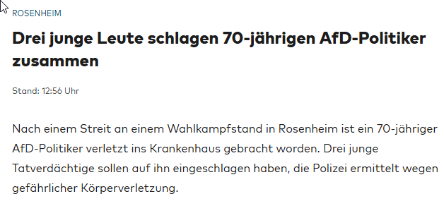 Erst haben Linksextremisten einen neunjährigen Jungen angegriffen, jetzt haben sie einen 70-jährigen krankenhausreif geschlagen. Die 24/7-Hasstiraden, die gegen ein ominöses "rechts" von Medien und Politik verbreitet werden, führen zu solchen Gewaltakten! #Rosenheim