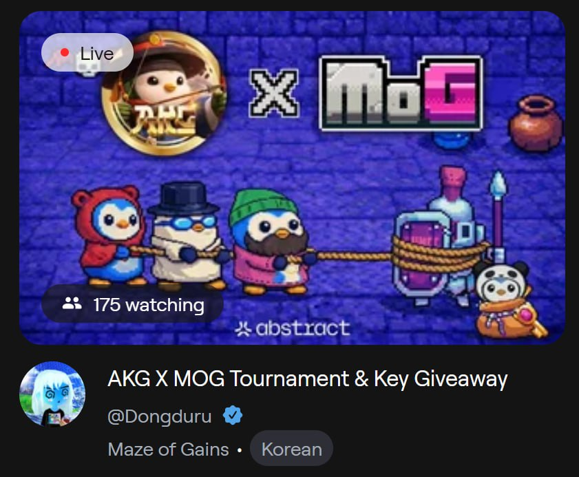 hambbu10's tweet photo. Around 175 unique viewers on the Abstract Portal and about 700 combined views on X.

@AbstractKoreaGG & @onchainheroes have set a record that will be remembered in @AbstractChain history😎

We sincerely thank everyone who joined and supported the event.

8 participants competed in a 5-minute speedrun, and rankings were determined by the total amount of Gold earned.

🏆AKG x MOG Korea Tournament Results

1st. @egnaro78 / 1673 Gold (20 Keys)
2nd. @tv51757199 / 1434 Gold (10 Keys)
3rd. @kss4319 / 1162 Gold (6 Keys)
4th. @leegs0020 / 973 Gold (4 Keys)
5th. @roopyx2 / 953 Gold (3 Keys)
6th. @Roh0517 / 763 Gold (3 Keys)
7th. @channonnii / 733 Gold (2 Keys)
8th. @yunjae44024216 / 452 Gold (2 Keys)

Congratulations to all participants🥳
See you at the next event!!!!