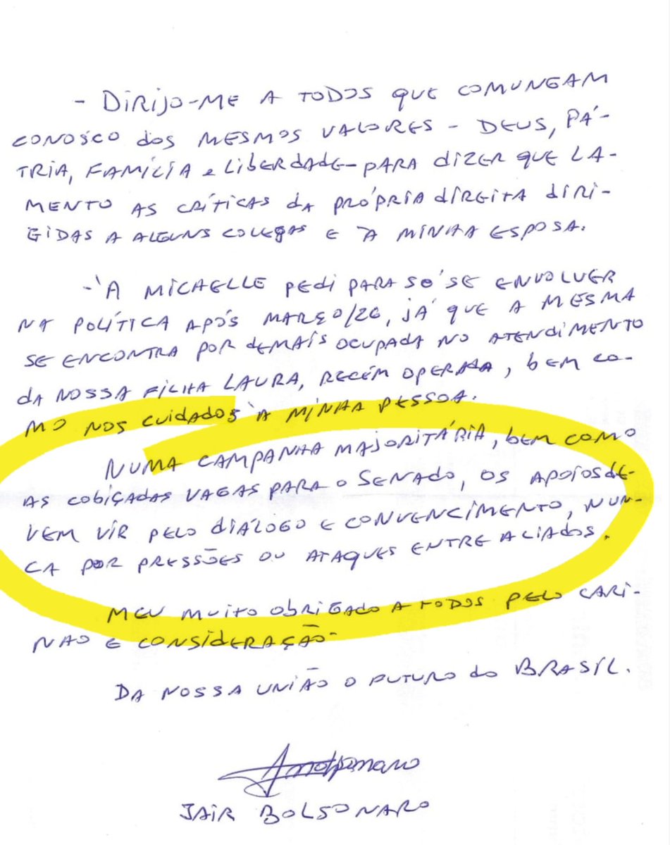 leandroruschel's tweet photo. Carta de Jair Bolsonaro, passando um pito naqueles que promovem ataques dentro da direita. De quem será que ele está falando? 🤔

"Numa campanha majoritária, os apoios devem vir por diálogo e convencimento, nunca por pressão e ataques entre aliados." https://t.co/McBXNdJYjQ