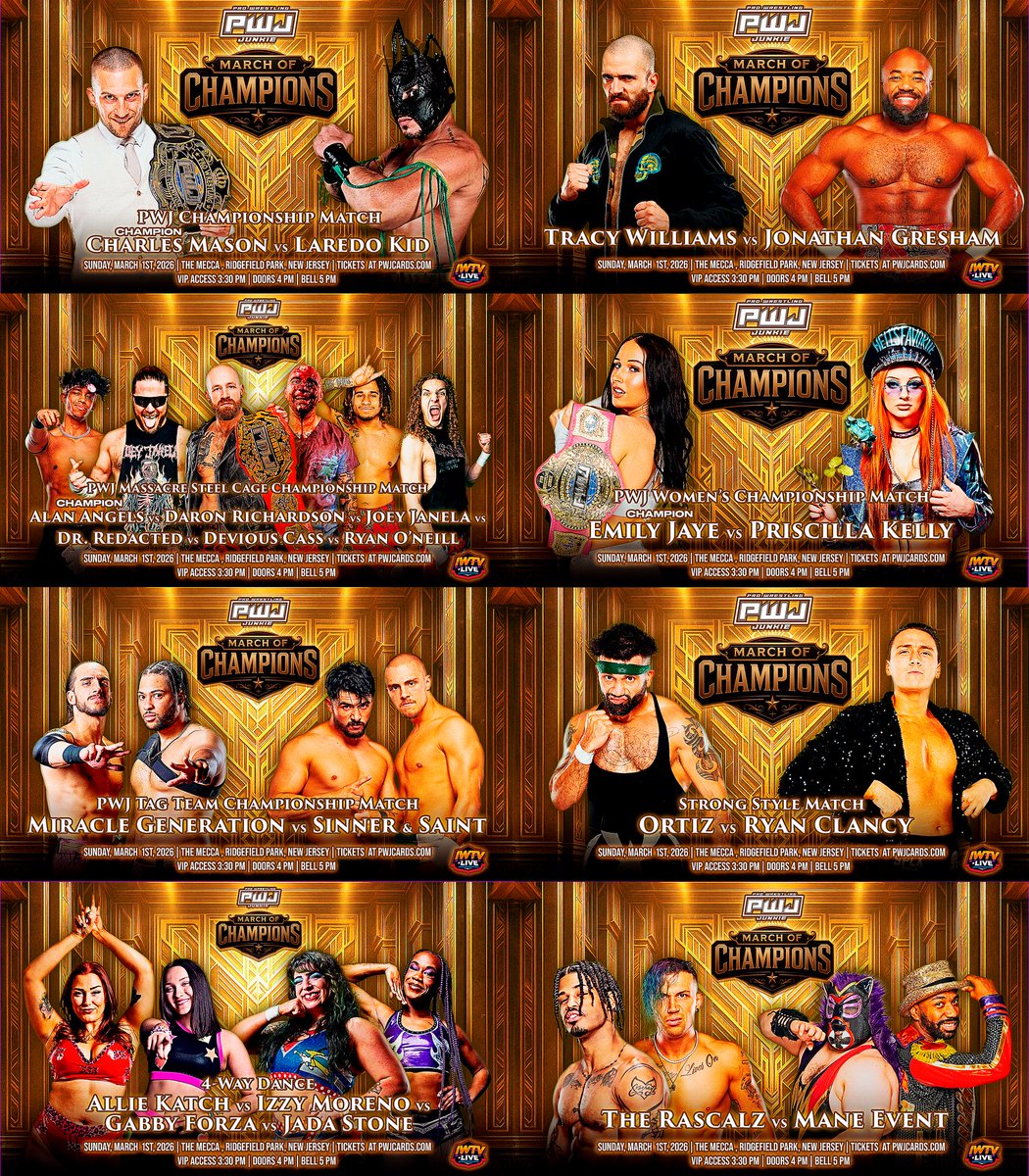 🏆 No rain, sleet or snow will keep us from putting on a good show. See you today at The Mecca 🏆

🚨PWJ CHAMPIONSHIP MATCH 🚨
<a href="/CharlesMas0n/">Charles Mason</a>  🆚 <a href="/Laredokidpro1/">Laredokidpro</a> 

🚨SINGLES MATCH 🚨
<a href="/TheJonGresham/">🐙</a> 🆚 <a href="/sauce_williams/">HOT SAUCE Tracy Williams</a> 

🚨STEEL CAGE MATCH FOR THE PWJ MASSACRE TITLE 🚨
(c)