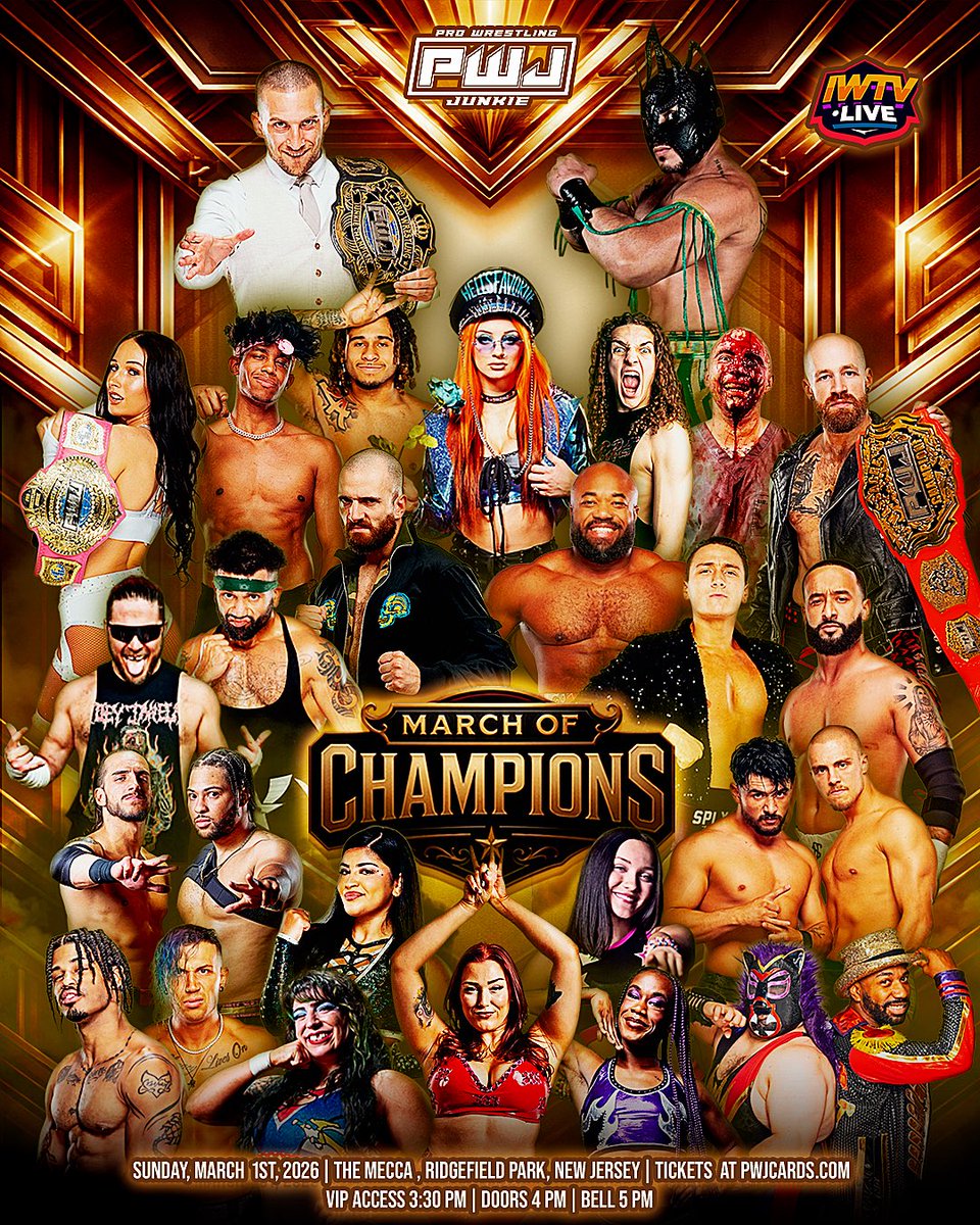 PWJCARDS's tweet photo. 🏆 No rain, sleet or snow will keep us from putting on a good show. See you today at The Mecca 🏆

🚨PWJ CHAMPIONSHIP MATCH 🚨
@CharlesMas0n  🆚 @Laredokidpro1 

🚨SINGLES MATCH 🚨
@TheJonGresham 🆚 @sauce_williams 

🚨STEEL CAGE MATCH FOR THE PWJ MASSACRE TITLE 🚨
(c) @Alan_V_Angels 🆚  @FlyinRyanONeill 🆚 @DeviousCass 🆚 DARON RICHARDSON  🆚 @DRxRedacted 🆚@JANELABABY 

🚨 PWJ WOMENS CHAMPIONSHIP MATCH 🚨
(C) @emilyjaye VS @HellsFavoritePK 

🚨 TAG TEAM MATCH FOR THE PWJ TAG TEAM TITLES 🚨
@ItsDustinWaller @LittleKylon 🆚 @proTWilliams @thejudasicarus 

🚨STRONG STYLE MATCH 🚨
 @Ortiz_Powerful 🆚 @FancyRyanClancy 

🚨 4- WAY DANCE 🚨
@ItsIzzyMania 🆚 @AllieKATCH 🆚 @the_gnomie 🆚 @JadaStoneee 

🚨TAG TEAM MATCH 🚨
 @ZacharyWentz @dezmondxavier 🆚 @Blazin_Lyon @RingmasterMidas 

PLUS @SammyDiazJr IN ACTION PLUS MORE !!!

streaming live on @indiewrestling 

🎟️ TIX WILL BE AVAILABLE AT DOOR 🚪

🗓️ Sunday March 1st, 2026
🏟️ 106 Bergen Ave, Ridgefield Park, NJ
VIP 3:30PM Doors 4pm Bell 🛎️ 5pm

 #PWJ #marchofchampion
