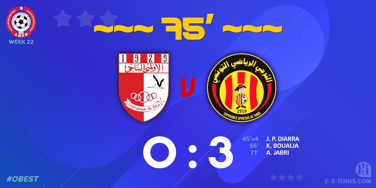 ESTuniscom's tweet photo. ⏱ 75' | #Ligue1Tn🇹🇳 Week 22 #OBEST | #OlympiqueBeja 0⃣-3⃣ @ESTuniscom : Score reminder / تذكير بالنتيجة / Rappel du score https://t.co/1I0iw99eFh