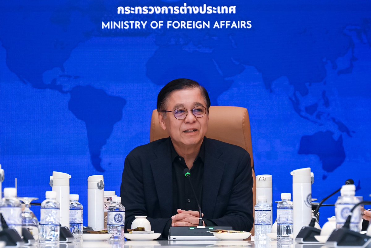 MFAThai's tweet photo. FM @SihasakPh chaired a meeting of the Middle East Situation Center (War Room), together with senior Ministry officials, as well as all Royal Thai Embassies and Consulates-General in the region, to review the latest developments and progress in providing assistance to Thai nationals in each country. There have been no reports of Thai nationals being injured. The Ministry will continue to closely monitor the situation, assessing the impacts, and preparing appropriate response plans in line with evolving tensions. (1 Mar 2026)
