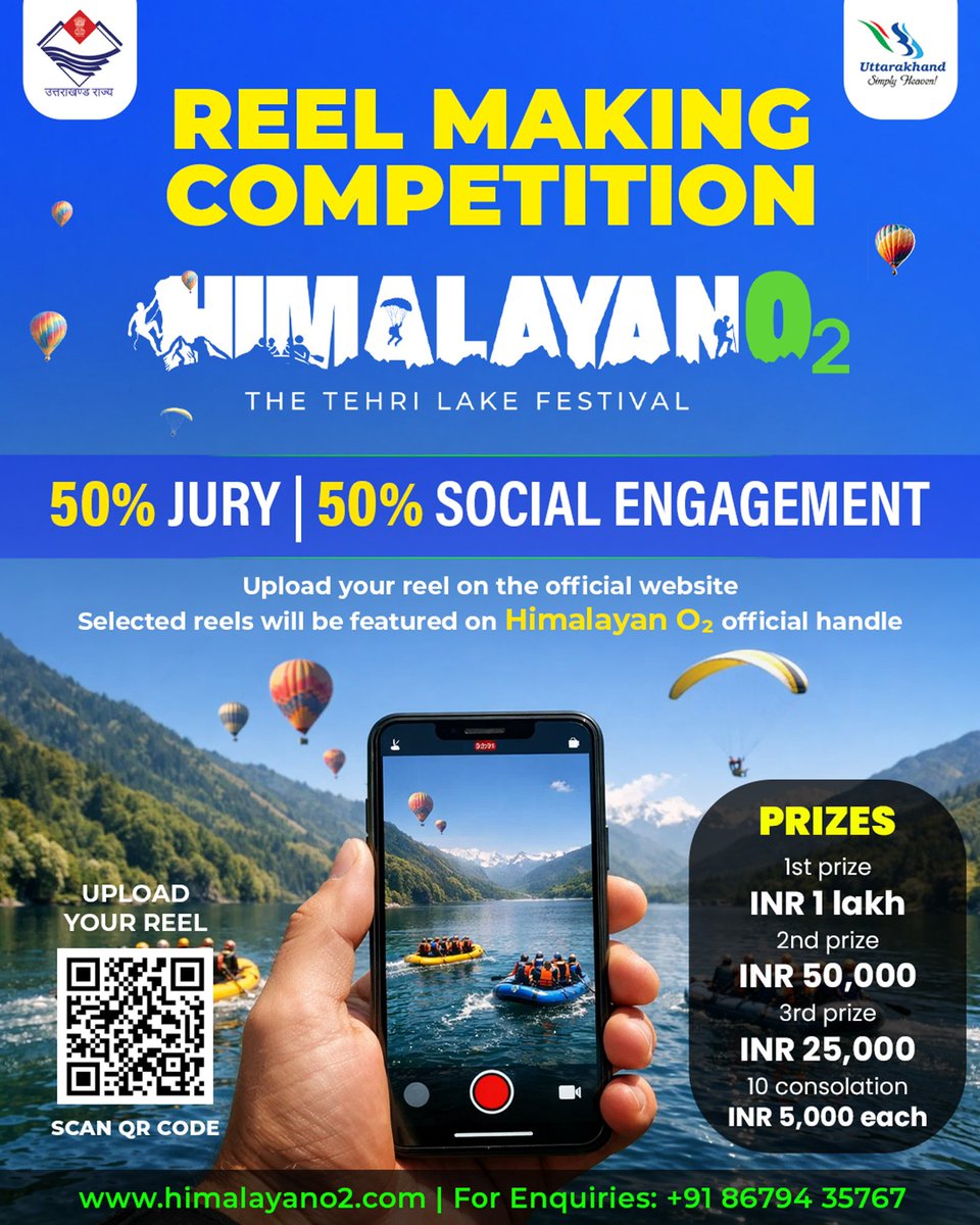 HimalayanO2's tweet photo. Turn your creativity into real rewards at Himalayan O2 – The Tehri Lake Festival.

 Win Prizes Up To ₹1,00,000
 Last Date of Submission: 04 March 2026

🔗 Registration Link - https://t.co/NXFJXYtA3V

Shoot it. Post it. Make it count.
This could be your moment.

#HimalayanO2 https://t.co/56JvMFrBWN