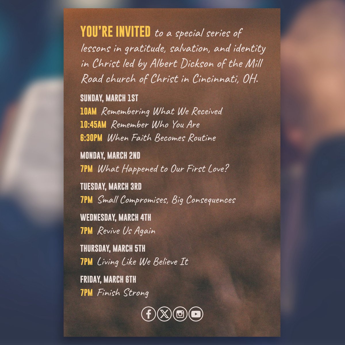 Our Spring Gospel Meeting starts TODAY! 🙌

AWAKE &amp; REMEMBER ✨ Reigniting the faith we once had.

Join us for a powerful week of gratitude, salvation, and identity in Christ with Albert Dickson (Mill Road church of Christ – Cincinnati, OH).