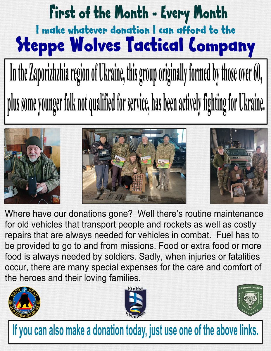 If you can make a donation of any amount at all, here are the links:
paypal.com/paypalme/NafoO…
OR
buymeacoffee.com/kGFZGwdhT8

We appreciate you helping the Steppe Wolves!
Mike, Patricia, and Quinnster