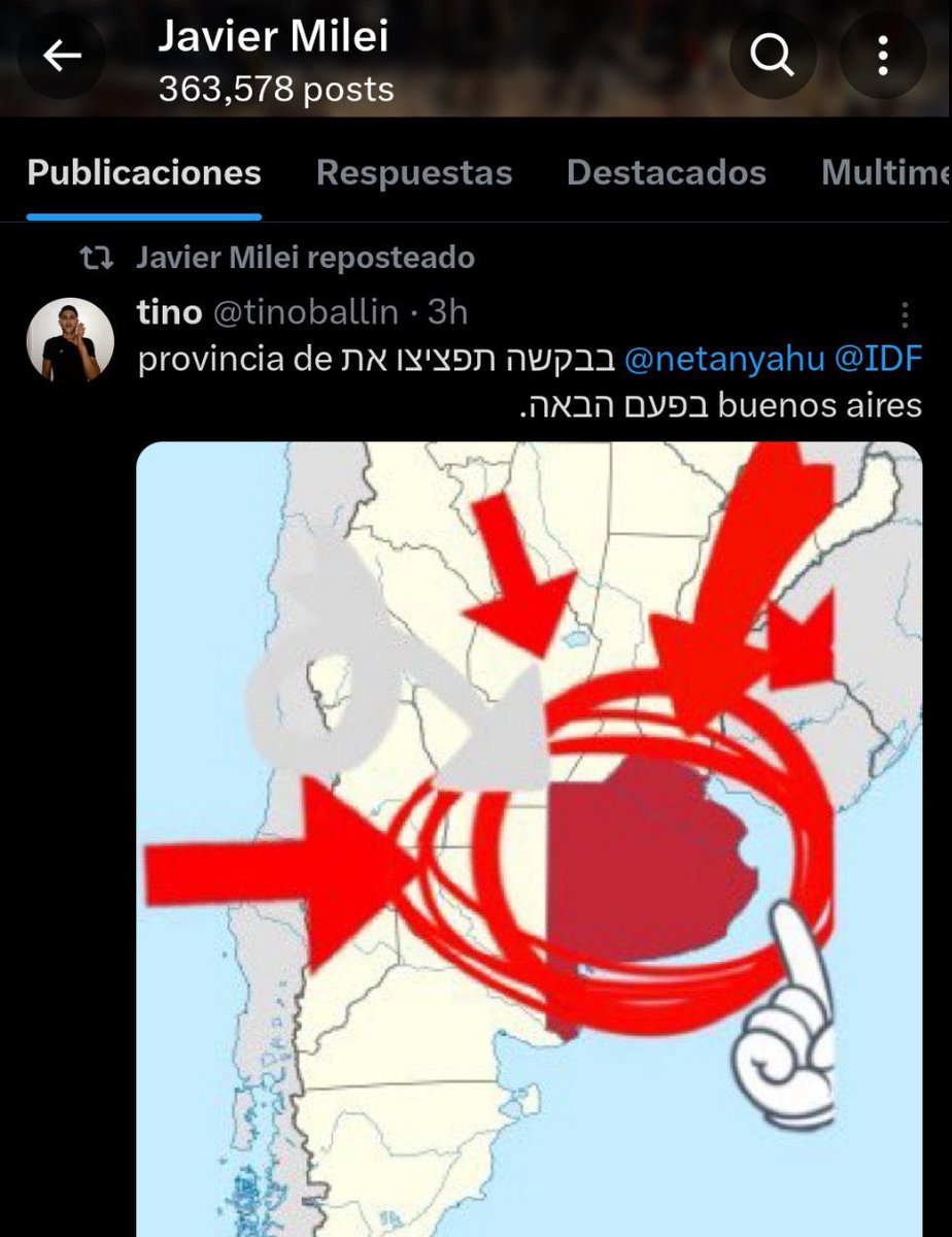 Confirmado! El hijo de mil puta de Milei le dio retuit a un posteo de un troll libertario que pedía en hebreo, y arrobando al presidente de Israel bombardear  la provincia de Buenos Aires, lugar en el que habitan millones de argentinos