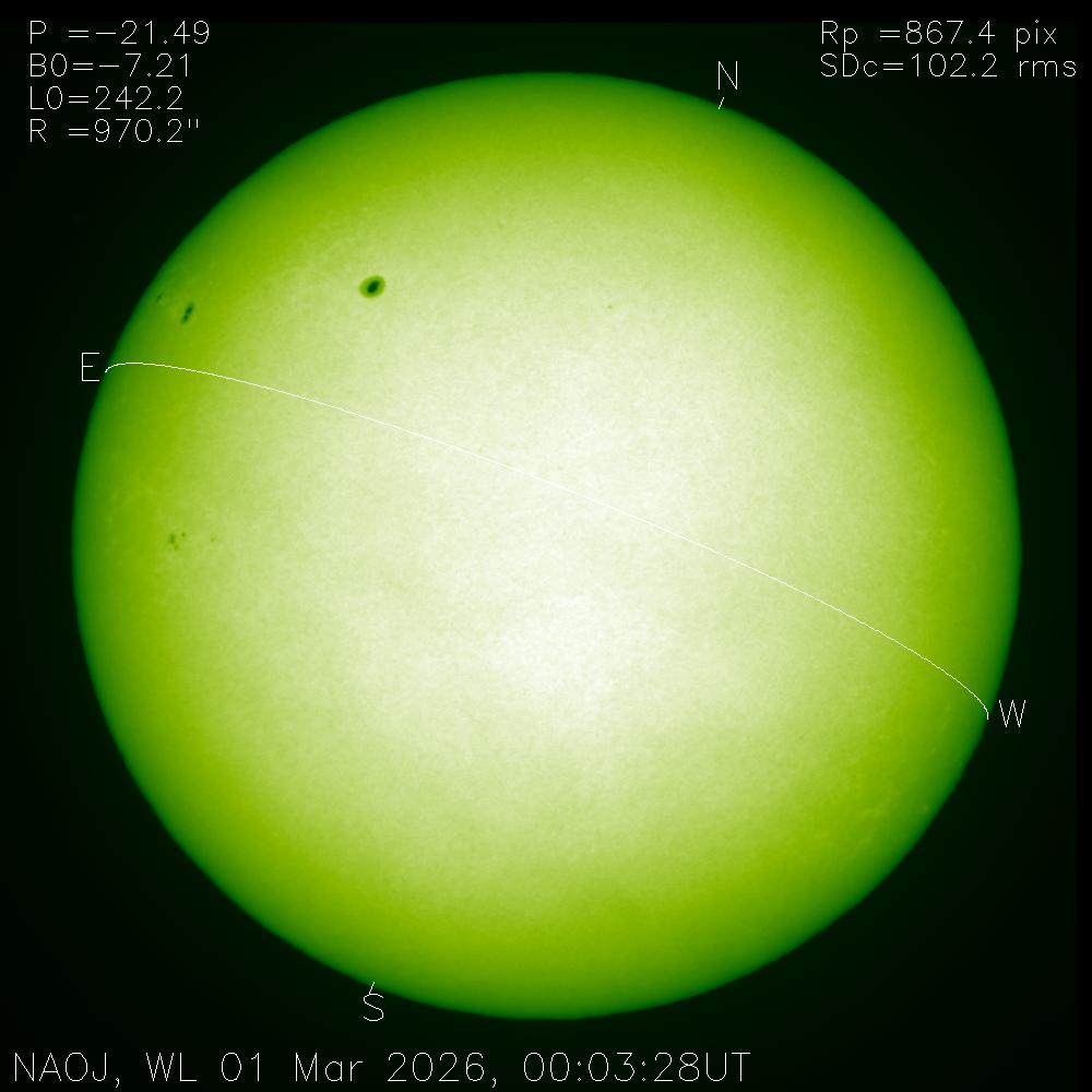 本日の太陽】2026-03-01の太陽黒点 北半球g=4,f=5,R=45 南半球g=1,f=4