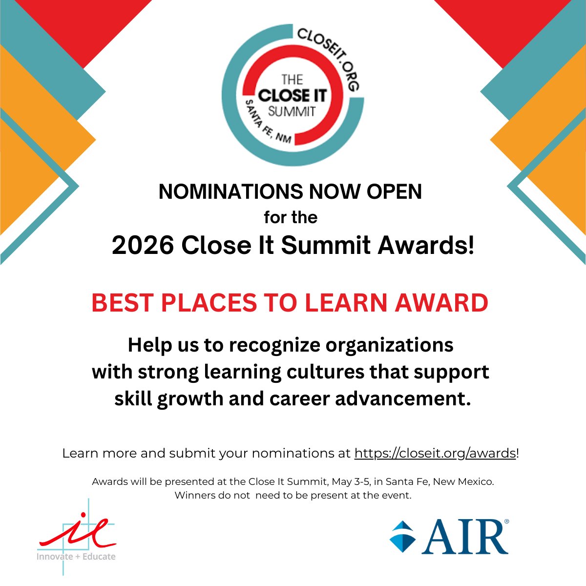 Great workplaces don’t just support learning — they build it into everything they do. The Best Places to Learn Award honors organizations creating exceptional learning cultures with real outcomes. Learn more and submit a nomination: closeit.org/awards