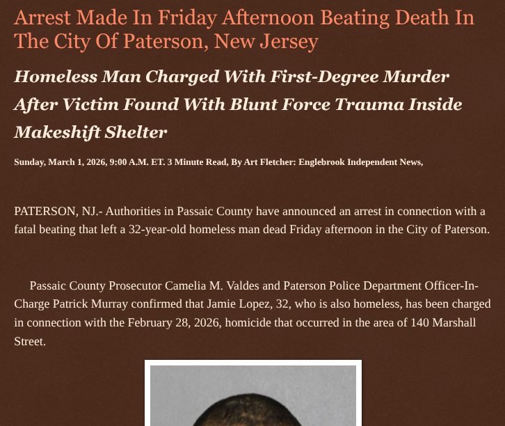 ArtFletcher9's tweet photo. Arrest Made In Friday Afternoon Beating Death In The City Of Paterson, New Jersey https://t.co/2yecOEgZJF via @Englebrooknews #NewJersey #CrimeNews #PassaicCountyNJ #PatersonNJ #Arrest #beatingdeath #homeless #murder #weapons #charges @wireless_step @HRG_Media @LodiNJNews @Fordmb1953 @SarahGeving1 @Shannon96574094 @Daytobehappy @janninereid1 @gator4kb18 @MichelleF_35 @TrumpWasRite2 @RobGerundo @JimBobW49