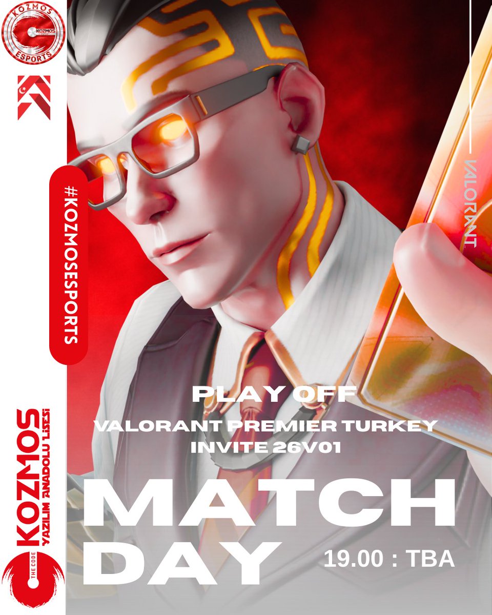 🇹🇷 VALORANT Premier Türkiye Invite PlayOff müsabakalarına çıkıyoruz.

🆚 TBA
⏰ 19.00
📺 Yayın bulunmamaktadır.

💪 Başarılar TAKIM!

#kozmosesports #kozmoslisesi #letsgokozmos #kze