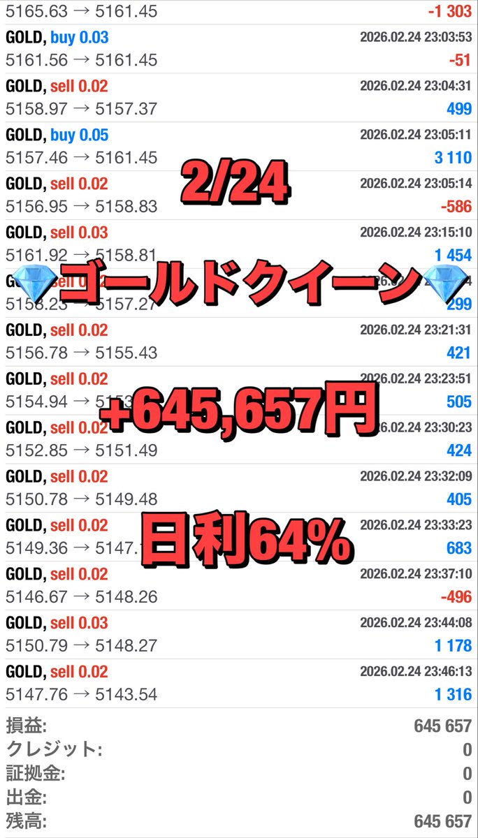🐳🐳🐳🐳🐳🐳🐳🐳

耐久型爆益EA

ゴールドクイーン

🐳🐳🐳🐳🐳🐳🐳🐳

✅2/24実績
+645,657円（日利64%）

🫧月利200〜300%
🫧5万円から運用可
🫧最大耐久500pips以上

プロフURLからEA無料配布中🎁

ドル円  gold  自動売買
トランプ  為替介入 雇用統計
#ad