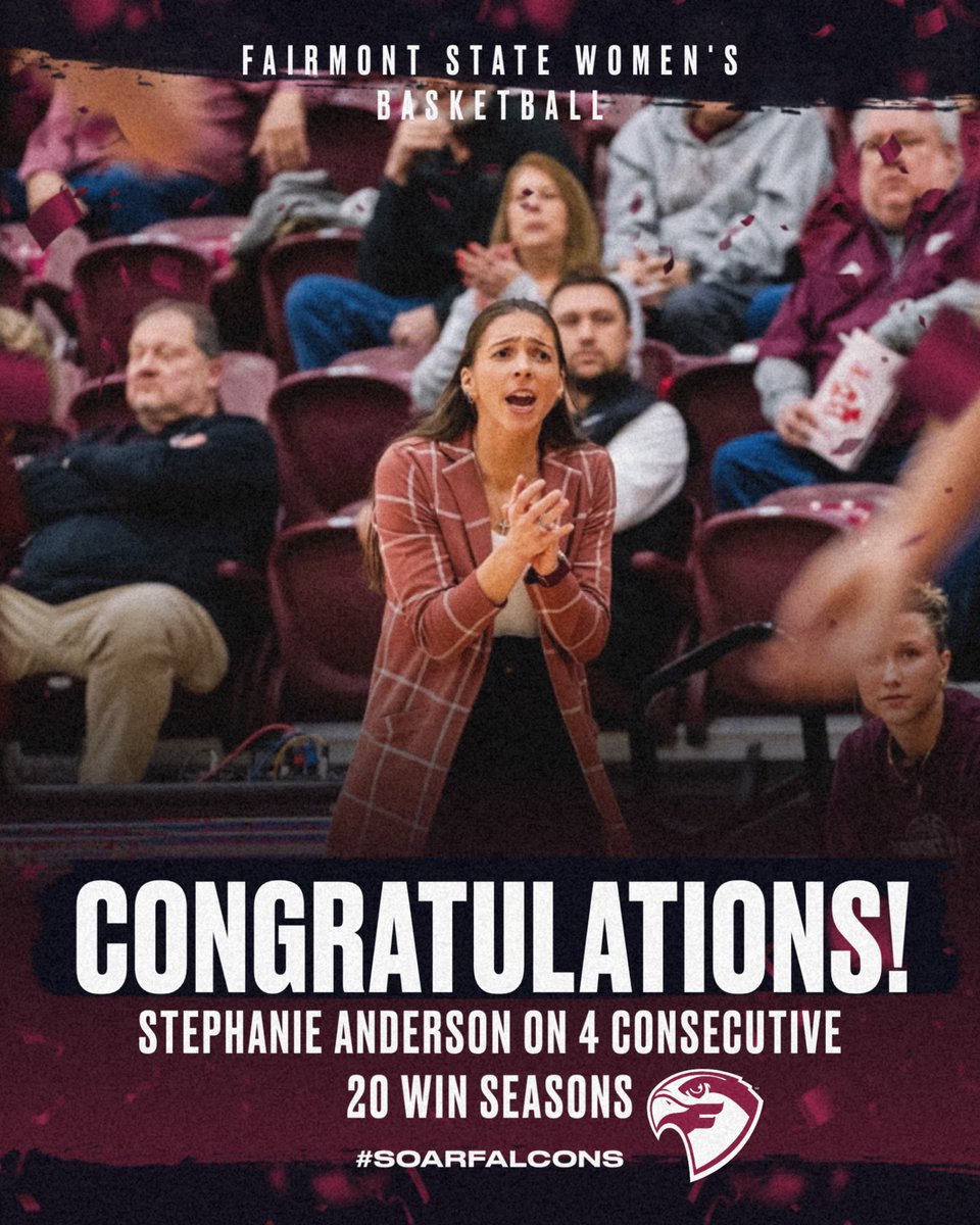 FairmontWbb's tweet photo. Following last night’s win over Frostburg State, Head Coach Stephanie Anderson has officially led the Falcons to four consecutive 20-win seasons.

Consistency. Culture. Championship standard. 🏀🔥

#SoarFalcons https://t.co/MRmvBh3UNc