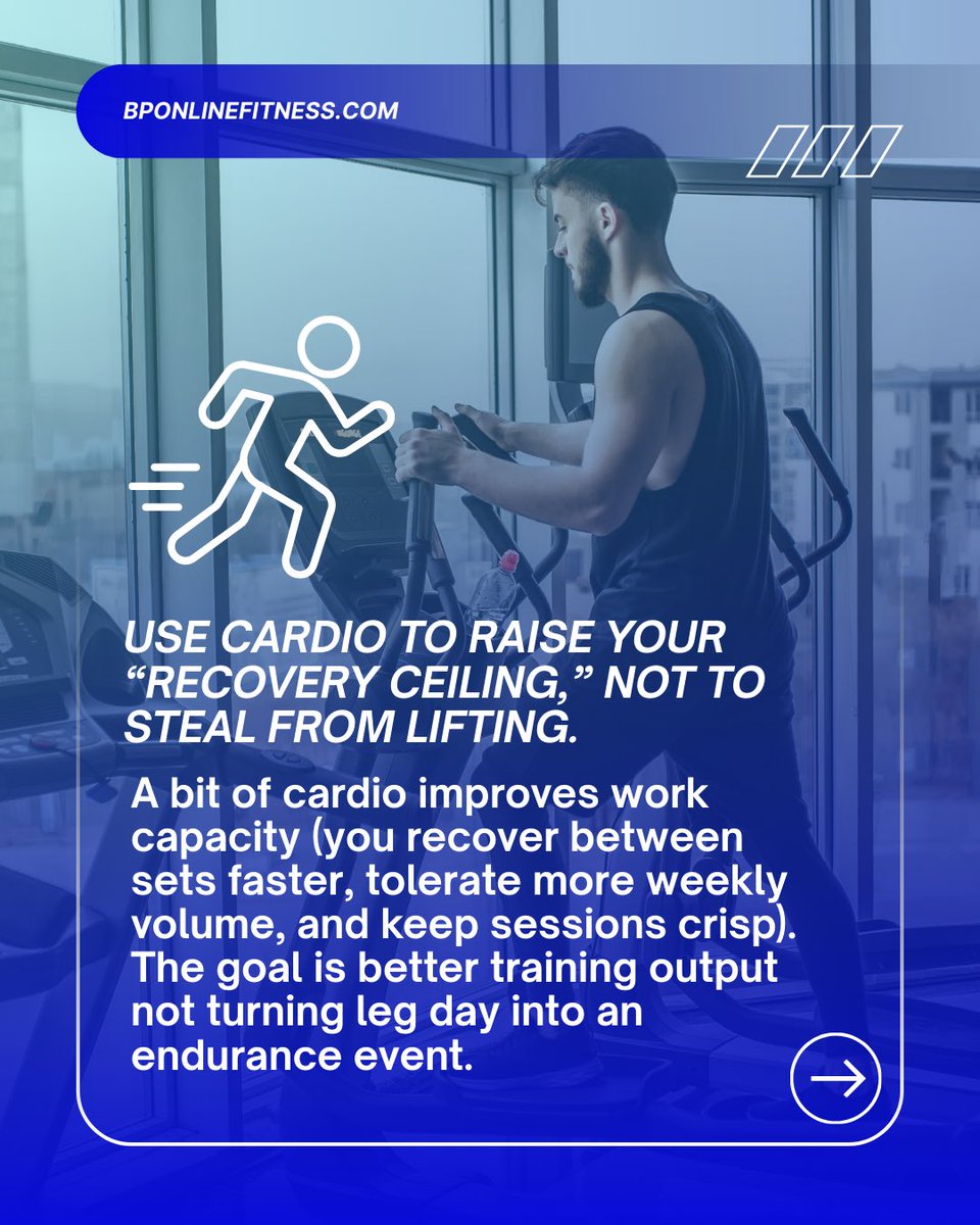 brandonpfit's tweet image. Combining Cardio with Muscle Gain 🏃💪

Your body has a limited “budget” each week for energy, stress, and recovery and muscle growth only happens when lifting provides a strong signal and you can actually recover from it.

#musclegain #hypertrophy #cardio #energy #recovery