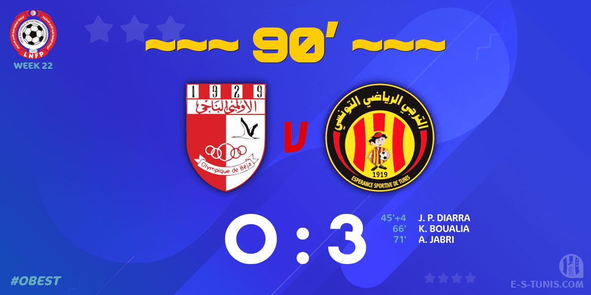 ESTuniscom's tweet photo. ⏱ 90' | #Ligue1Tn🇹🇳 Week 22 #OBEST | #OlympiqueBeja 0⃣-3⃣ @ESTuniscom : Score reminder / تذكير بالنتيجة / Rappel du score https://t.co/mr6gQJKO19
