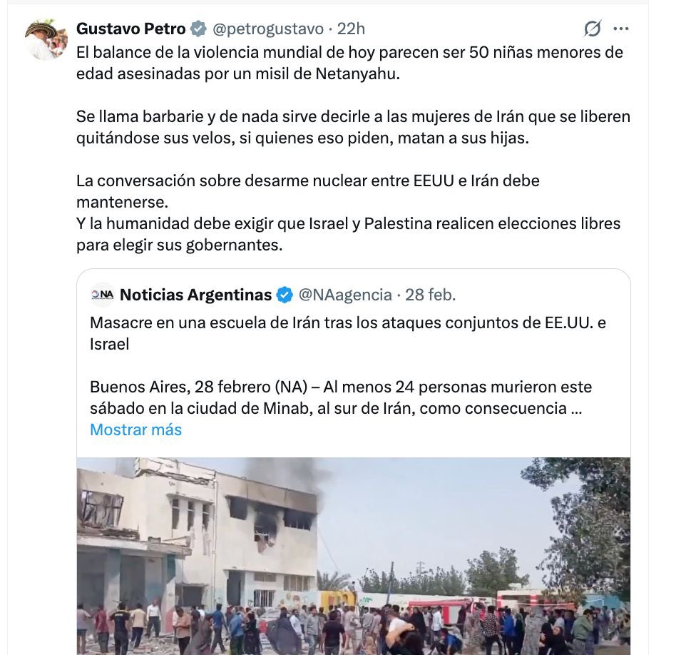 El mundo estaría horrorizado si supiera que solo en 2026 van 22 masacres con 87 personas muertas, que en armas hay más de 27 mil terroristas con más de 800 bandas criminales. 

Usted “preocupado” porque derrocaron a un criminal en Irán, mientras matan a soldados y policías todos