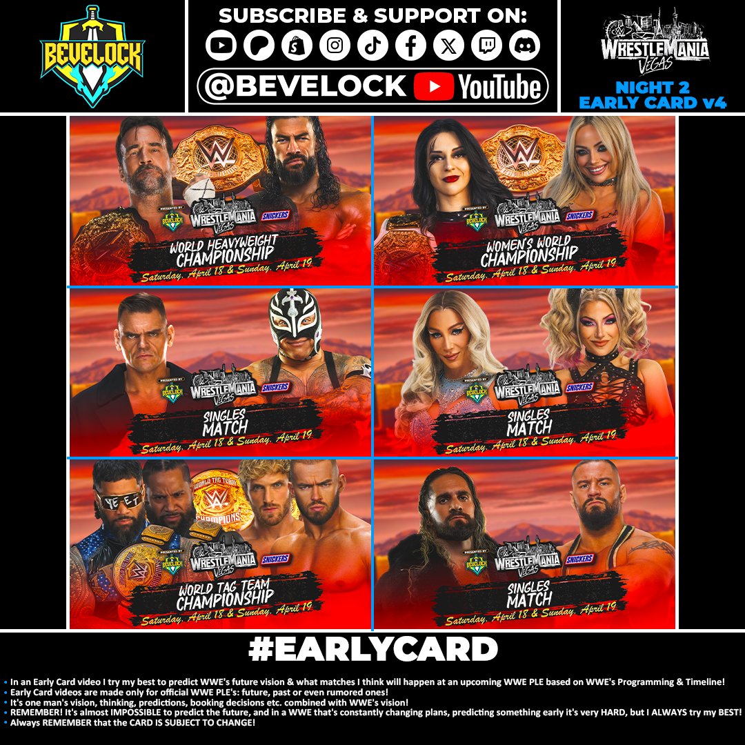 bevelock1's tweet photo. WWE WrestleMania 42 Early Card [v4]
Bevelock's early predictions are here!
#WWEWrestleMania #WrestleMania #EarlyCard #WWE #Bevelock https://t.co/8xGj3WS7WG