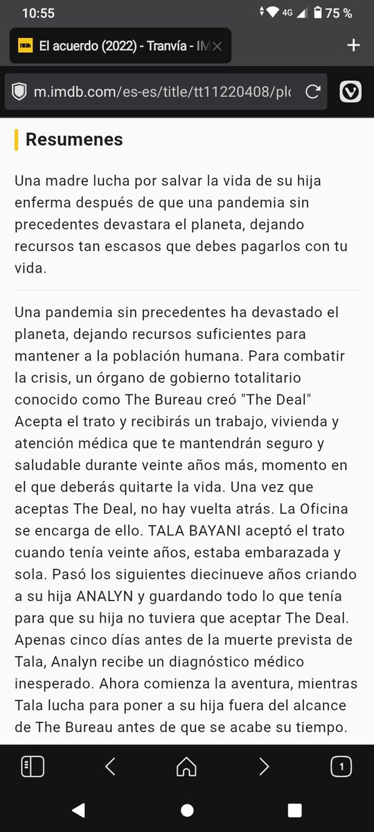 Pelicula: "The Deal" (2022) / "El Acuerdo". Otra distopia totalitaria. En un futuro no lejano, luego de una "Plandemia", la gente recibe un trato con una corporación, cuasi "contrato-social", a cambio de comida y atención médica por un tiempo determinado a cambio de vigilancia