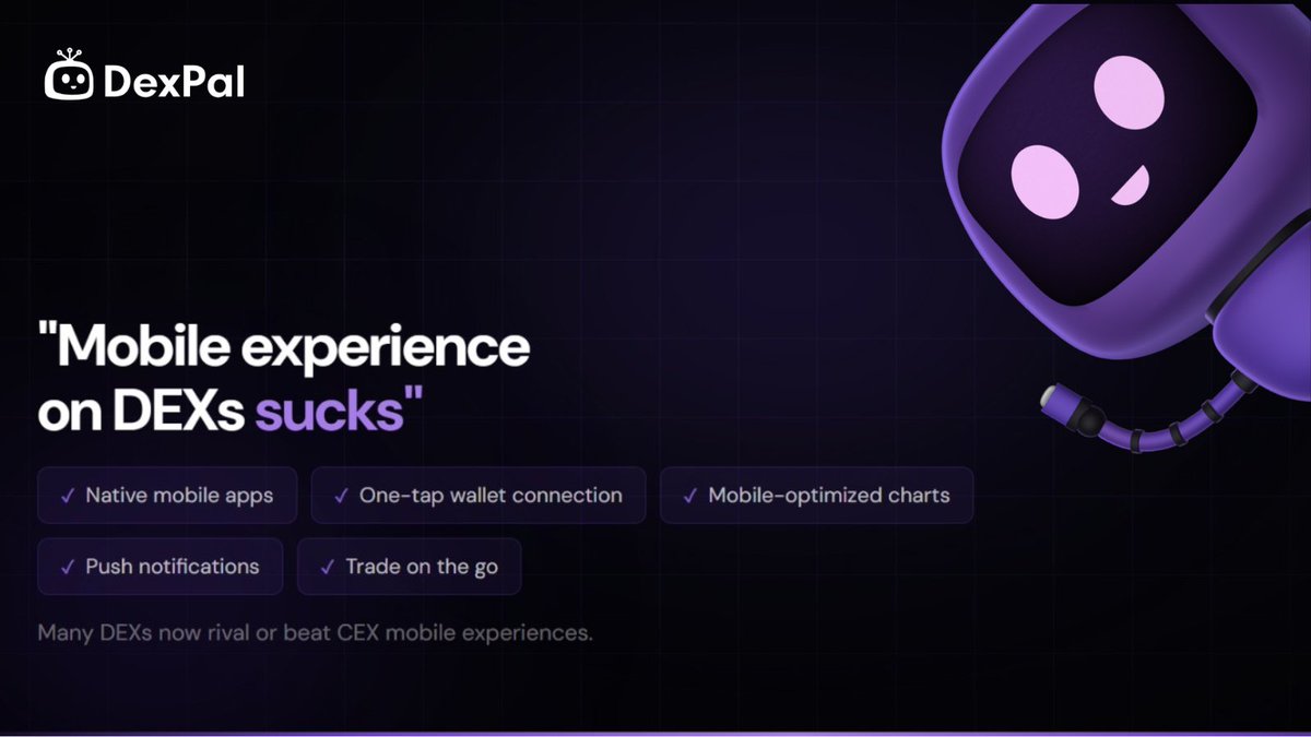 DexPal_io's tweet photo. Myth: “Mobile experience on DEXs sucks”

Not anymore:

• Native mobile apps
• One-tap wallet connection
• Mobile-optimized charts
• Push notifications for funding/liquidations
• Trade on the go, same as desktop
Many DEXs now rival or beat CEX mobile experiences.

Check which DEXs have the best mobile: https://t.co/RED6aRe9Fh