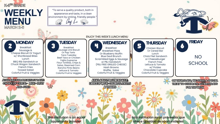 ABCES_Tift's tweet photo. 🍳🥪 Weekly Breakfast &amp; Lunch Menus | March 2 – 6 🍎

Take a look at what’s being served in our school cafeterias this week for breakfast and lunch!

📅 March 2 – March 6

Daily menus are always available anytime by visiting Explore > Dining on your school’s website.

#4theT https://t.co/FBtmzE7iw2
