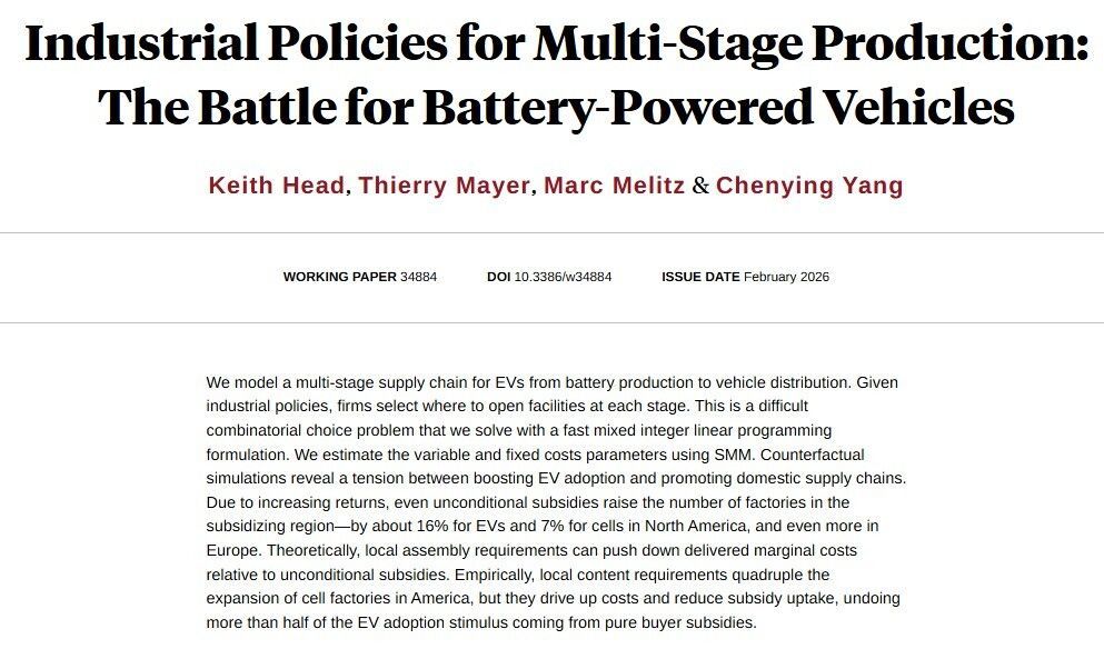 Modeling a multi-stage supply chain for electric vehicles from battery production to vehicle distribution, from <a href="/ckhead/">Keith Head</a>, Thierry Mayer, Marc Melitz, and Chenying Yang nber.org/papers/w34884