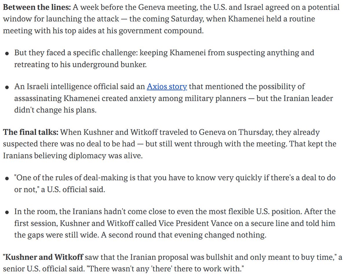 The scrubbed Reuters line is now partly backed up by reporting in Axios, which says US/Israel agreed on the date of the attack a week earlier, and that the past week of diplomacy was indeed a sham to lower their defenses.