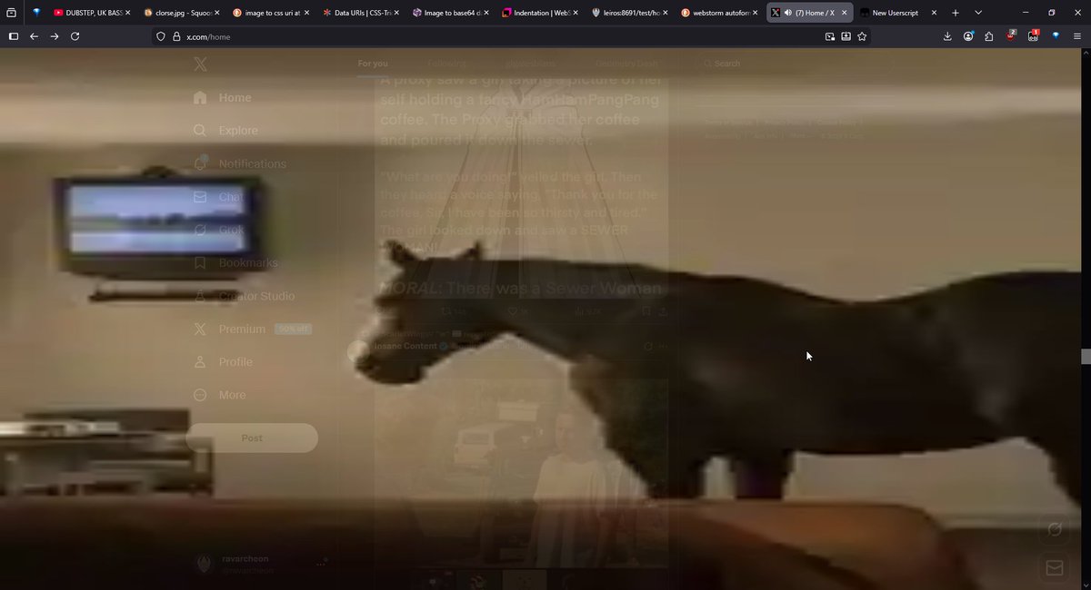 due to my horrible doomscrolling addiction, i have made a script to slowly fade in a horse over my entire browser over the course of a minute that you cannot remove unless you refresh the page making it so i cant use twitter for more than 2 minutes