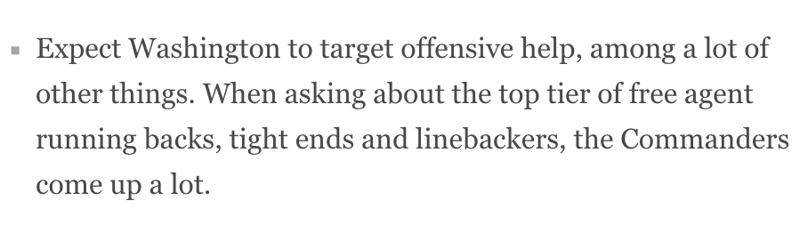 Looks like Washington is looking at the top RBs, TEs and LBs in free agency according to <a href="/JFowlerESPN/">Jeremy Fowler</a>