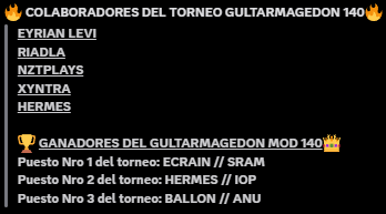 Felicidades a los ganadores y gracias a los que colaboraron con el premio!👑
Nos vemos en el próximo #gultarmagedon en #wakfu 
que será lvl 230

Congratulations to the winners and thanks to those who contributed in the prize!👑
See you in the next gultarmagedon it will be lvl 230