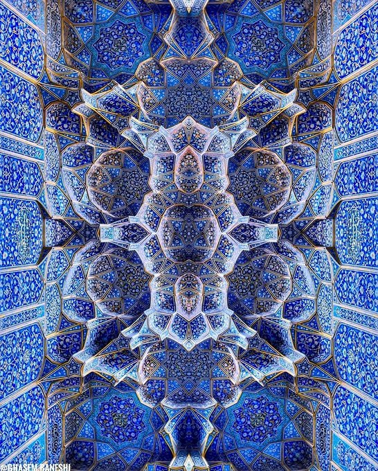 xmuse_'s tweet photo. When it’s blue, it’s Persian blue. 🩵

No, it's not another silk carpet. This is a ceiling. And it's not even a painted or a flat one. Its stalactite honeycomb vaulting is built in tiers and levels, covered in hand-glazed tiles. 

Sublime craftsmanship. Iran https://t.co/bBUkl1MRyz