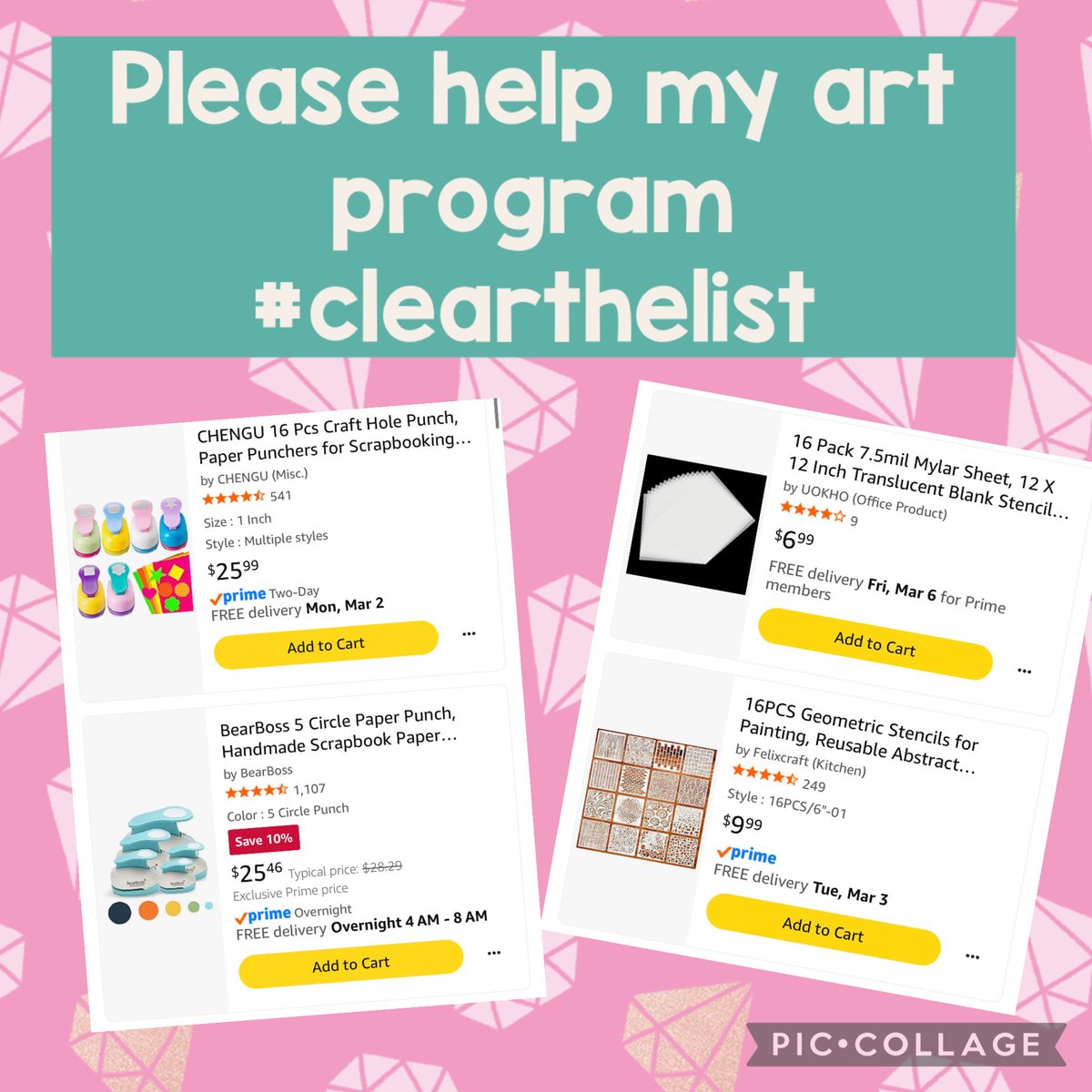 I don’t feel seen anymore but with all these <a href="/amazon/">Amazon</a> changes, I will be posting my #clearthelist in hopes to clear some things for my art program 💕

Please help 🙂

amazon.com/hz/wishlist/ls…