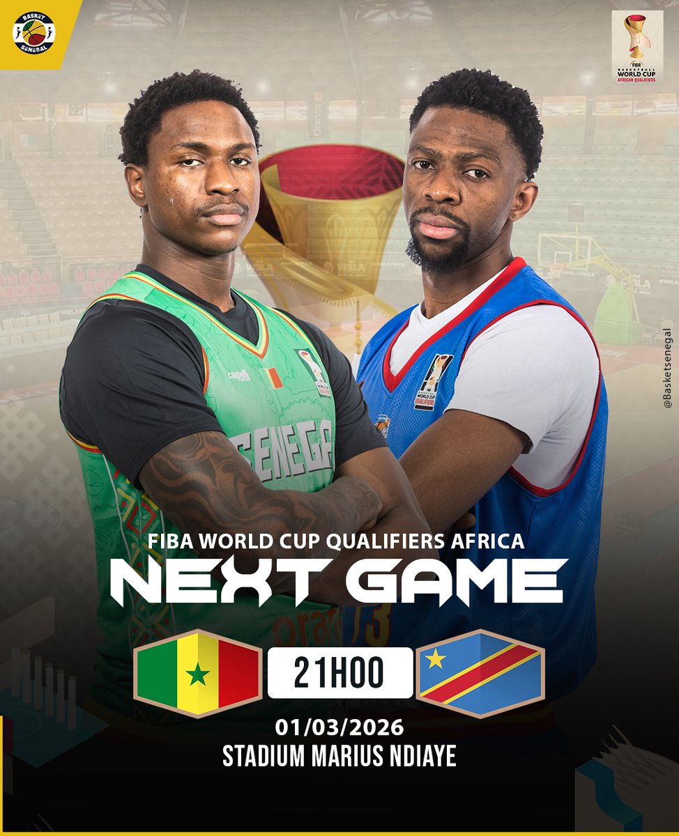 Basket_Senegal's tweet image. 📢 FIBA World Cup Qualifiers🏀
3e Journée : Duel entre Lions🇸🇳 et Léopards ce dimanche à #mariusndiaye 

🗓️ 01/03/2026
🏟️ Stadium Marius Ndiaye
🕘 21H00 Gmt

#Basketsenegal #Teamsenegal #FIBAWC #FIBAWCQ