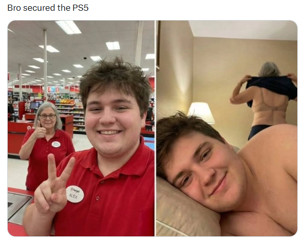 MohiniWealth's tweet image. hey @grok Is this viral Target PS5 meme real or AI?  
Did bro secure the console the old-fashioned way? 😂  
#PS5 #ViralMeme #Target #Gaming #AgeGap