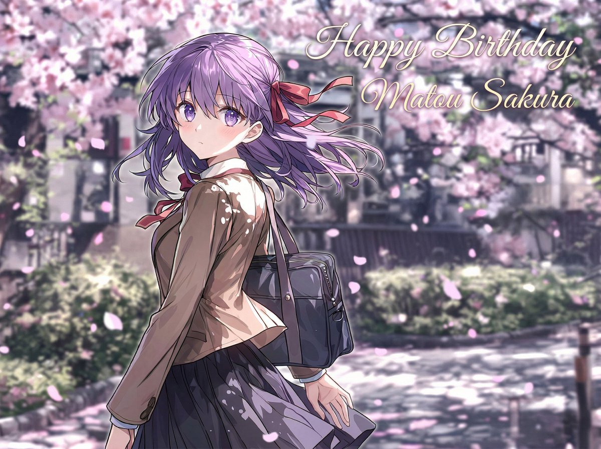 桜吹雪が舞う中振り向く間桐桜🌸 お誕生日おめでとうございます！ #間