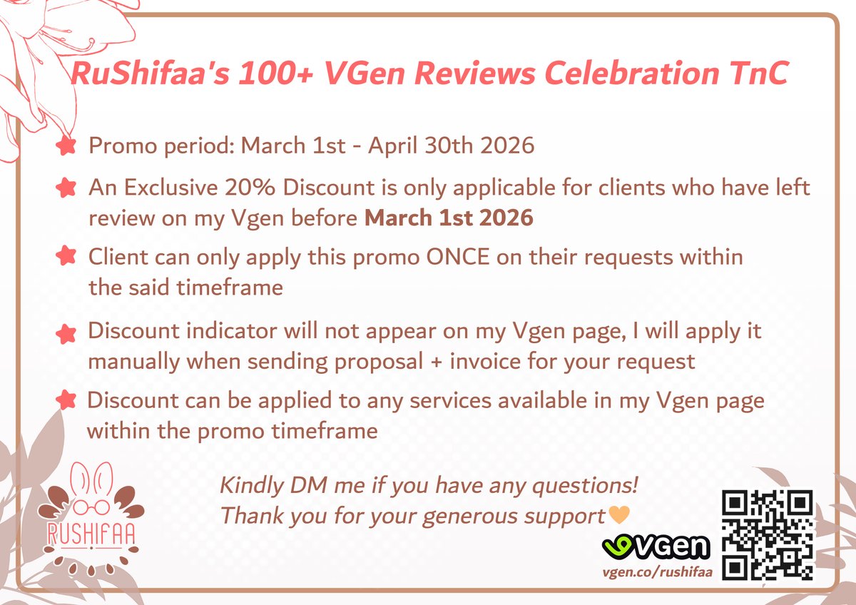 RuShifaa_'s tweet photo. Thank you so much for everyone who has left very kind words on my VGen page 🥺🥺
It's always touching to hear that you appreciate my service as I always try my best to draw your requests and prioritize clear communication! 🥰🥰

Anyway, TnC! 👇✨ https://t.co/z9WJgm8GDy
