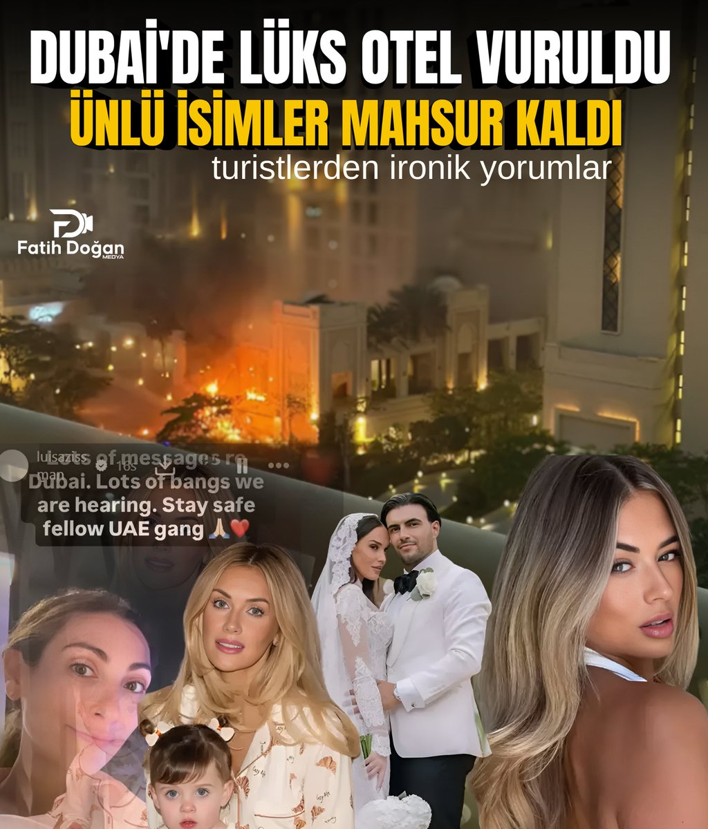 Dubai'nın Palm Jumeirah bölgesinde bir lüks otel saldırıda hasar gördü. Fairmont The Palm yakınlarında yangın ve tahliyeler var; bazı ünlüler geçici olarak kentte mahsur kaldığını bildirdi. Ayrıntılar ve güncellemeler için sitemizi takip edin

fatihdoganmedya.com.tr/dubaide-luks-o…