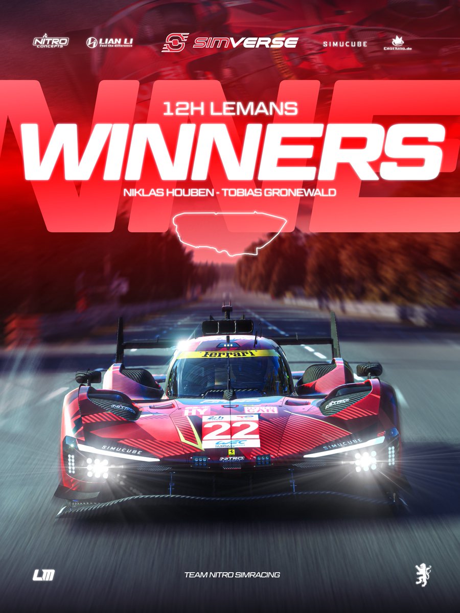 Celebration Flyer for <a href="/teamnitroracing/">Team Nitro</a>'s win at le mans racing in <a href="/LeMansUltimate/">Le Mans Ultimate</a> this weekend! 

With Niklas Houben and Tobias Gronewald piloting the car, they managed to secure their victory.

#simracing #lemansultimate #simverse #simucube #caseking