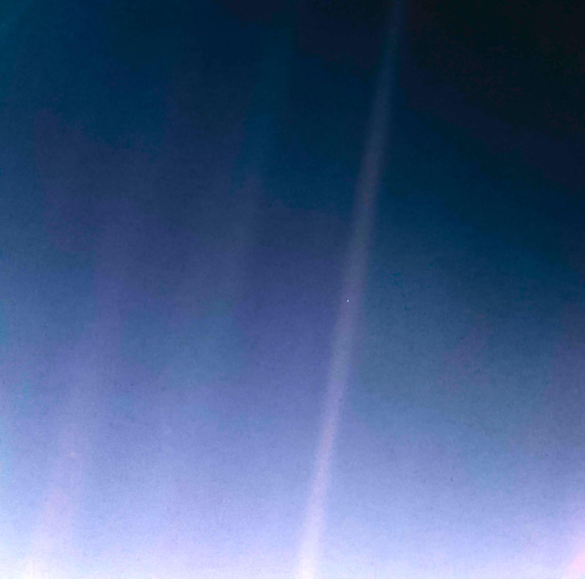 konstructivizm's tweet photo. That's here. That's home. That's us
The Pale Blue Dot is a photograph of Earth taken Feb. 14, 1990, by NASA’s Voyager 1 at a distance of 3.7 billion miles (6 billion kilometers) from the Sun.

The image inspired the title of scientist Carl Sagan's book, "Pale Blue Dot: A Vision of the Human Future in Space," in which he wrote: "Look again at that dot. That's here. That's home. That's us."

This image, “Pale Blue Dot Revisited,” was created in 2020 for the 30th anniversary of the iconic picture. The updated version used modern image-processing software and techniques to revisit the well-known Voyager view, while attempting to respect the original data and intent of those who planned the images.

Credit: NASA/JPL-Caltech