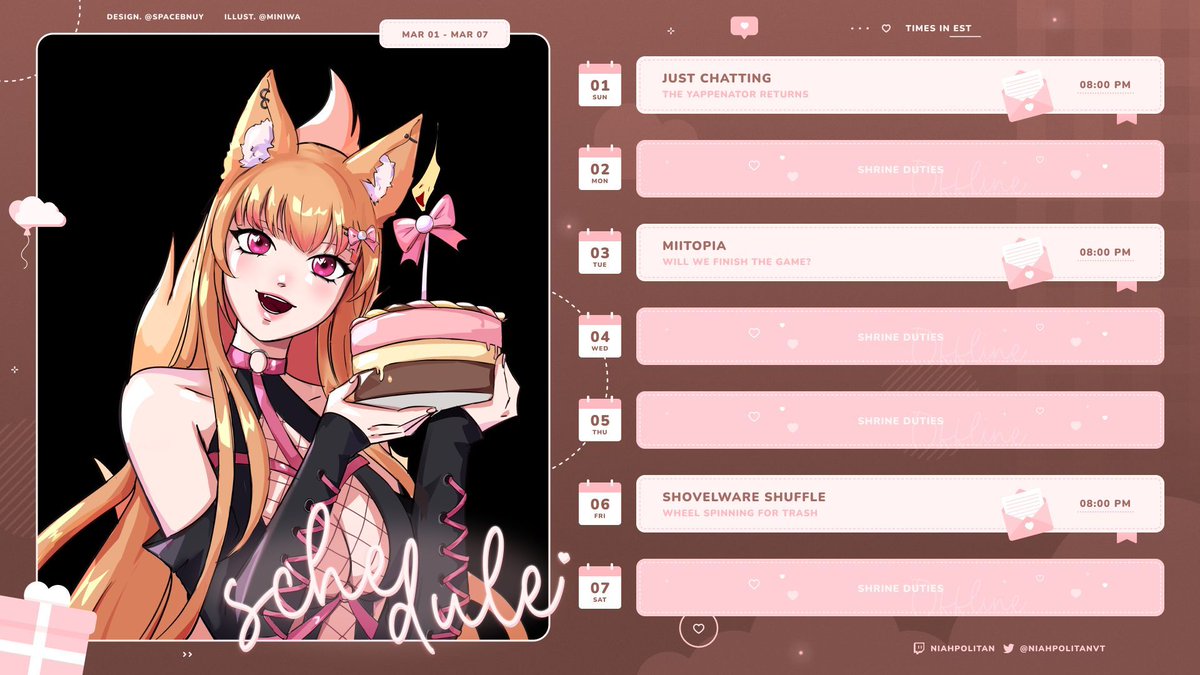 ‿︵ʚ˚̣̣̣͙ɞ SCHEDULE TIME ʚ˚̣̣̣͙ɞ‿︵ 
birthday and partner push start next week, i am NERVY
🍨the YAPPENING continues 
🍨maybe finishing miitopia???
🍨shovelware shuffle once again reigns

#Vtuber / #ENVtuber