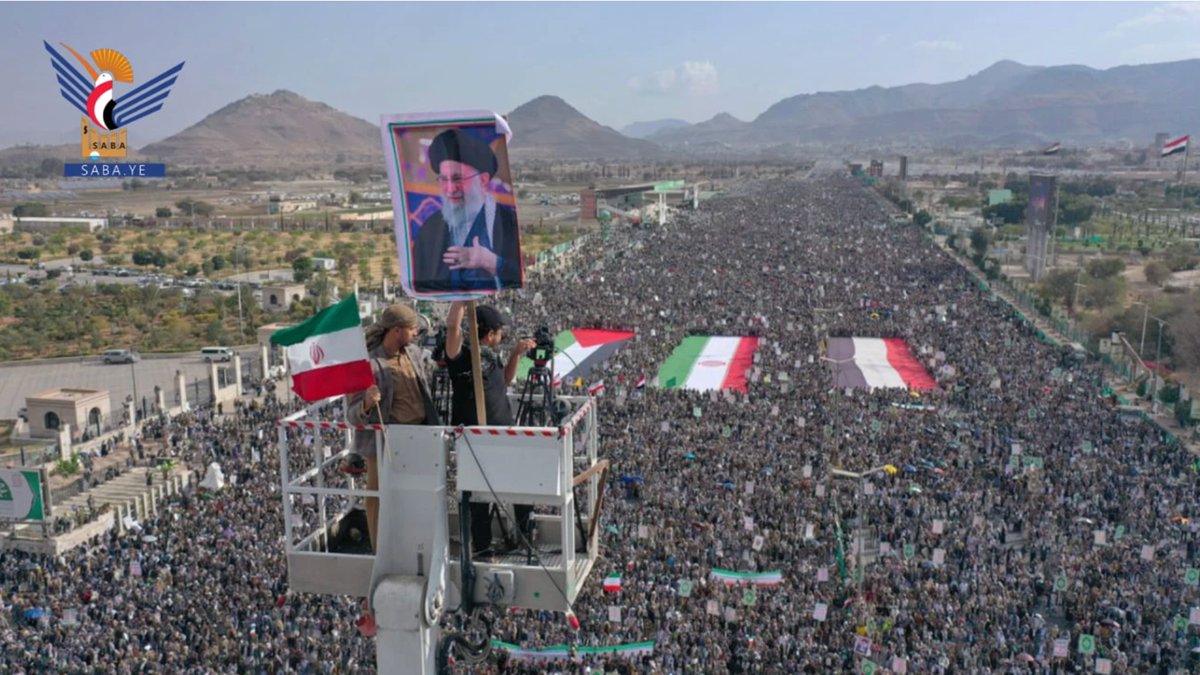 YemeniFatima's tweet photo. The "Houthis have nothing to do with Iran" gaslighting has finally hit a wall of reality.

Today's spectacle for Khamenei is the output of a decade spent forcing a Khomeinist worldview onto the Zaidi heartland. This isn't popular will, it’s ideological enclosure. Yemenis, including in Houthi areas and in this square, are terrified of the blowback from Houthi recklessness and IRGC dictation. There's nothing here but coercion.