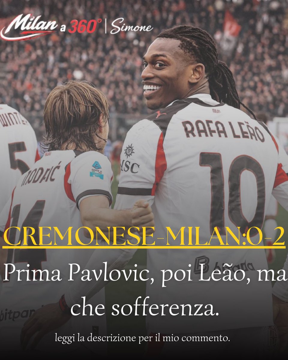 Simone149635's tweet photo. Il #Milan vince contro la cremonese 2-0, la sblocca pavlovic con un gol fortunoso e poi leao a porta vuota. Milan un po mollo, non troppo creativo, ma quando crea spreca tante palle gol, su di tutti #Leao e un irriconoscibile #pulisic. L’importante era vincere e cosi è stato, ma soprattutto dei 4 diffidati nessuno è stato ammonito, ora testa al #derby 

 https://t.co/GehegOCQET