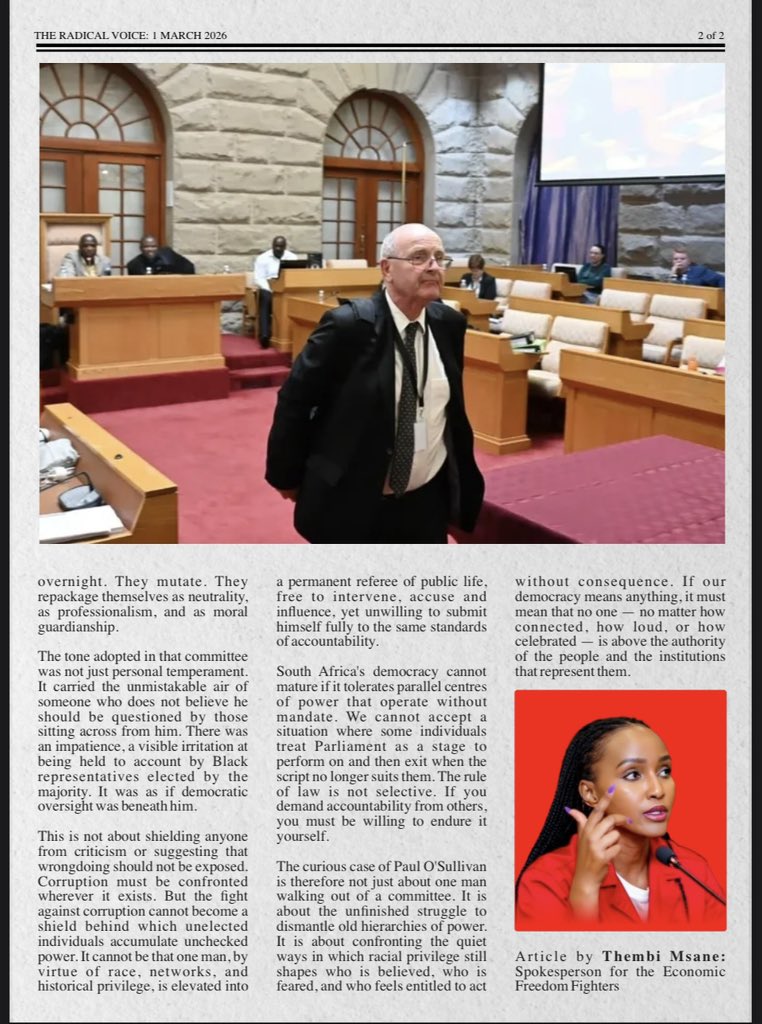 ♦️Must Read♦️

Following the appearance of Paul O’Sullivan, the EFF’s <a href="/MsaneThembi/">Thembi Msane</a> writes in this edition of The Radical Voice arguing that his decision to walk out of the Ad Hoc Committee exposed his contradictions, and an unwillingness to submit to democratic accountability.