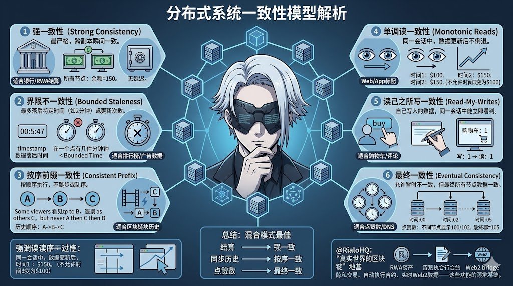 简单带大家理解下什么是下文所说的分布式系统里的一致性。

地理分布提升容错性，但同步延迟导致副本临时不一致，类似你在 ATM 看到钱包余额 $150，手机 App 却显示 $100。这在区块链里非常常见，节点同步块时，弱一致可能让用户看到旧状态，强一致则牺牲速度。

Alice 账户里有 100 块，她去银行 ATM