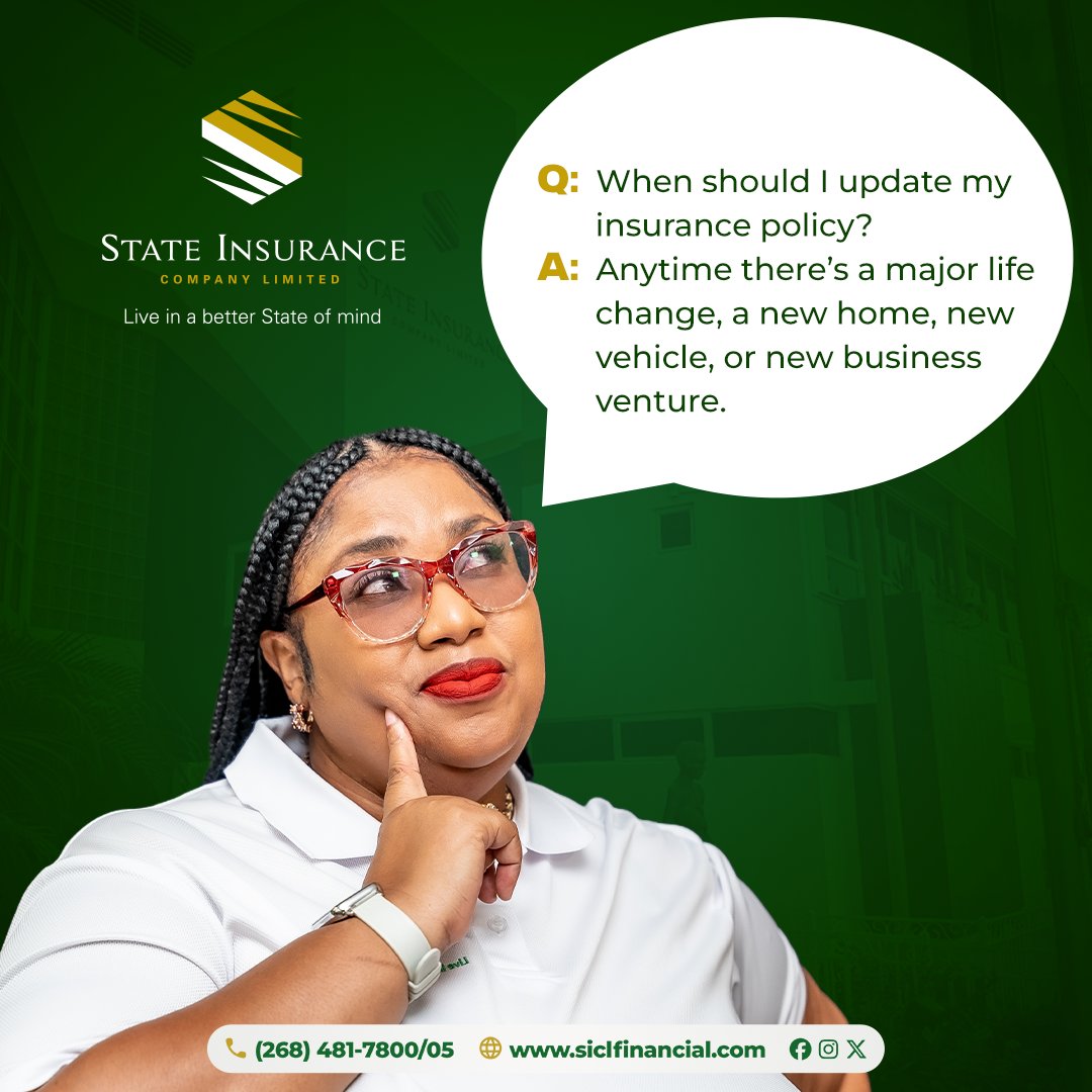 stateInsurancec's tweet image. Q: When should I update my insurance policy?
A: Anytime there’s a major life change, a new home, a new vehicle, or new business venture.

We’re here to guide you.

#InsuranceFAQ #StateInsurance #HelpfulTips #BeInformed #StateInsuranceCompanyLimited #AntiguaBarbuda