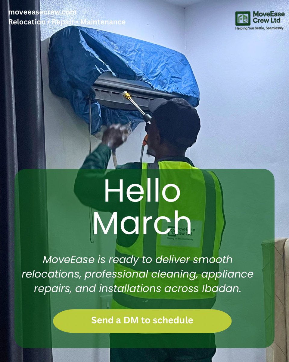 moveeasecrew's tweet photo. Hello March, Ibadan 👋

MoveEase Crew is ready to deliver smooth relocations, professional cleaning, appliance repairs, and installations across Ibadan.

If you’re moving into a new apartment or need reliable home support this month, we’re here.

March bookings are now open. https://t.co/aeWKfwBxlK