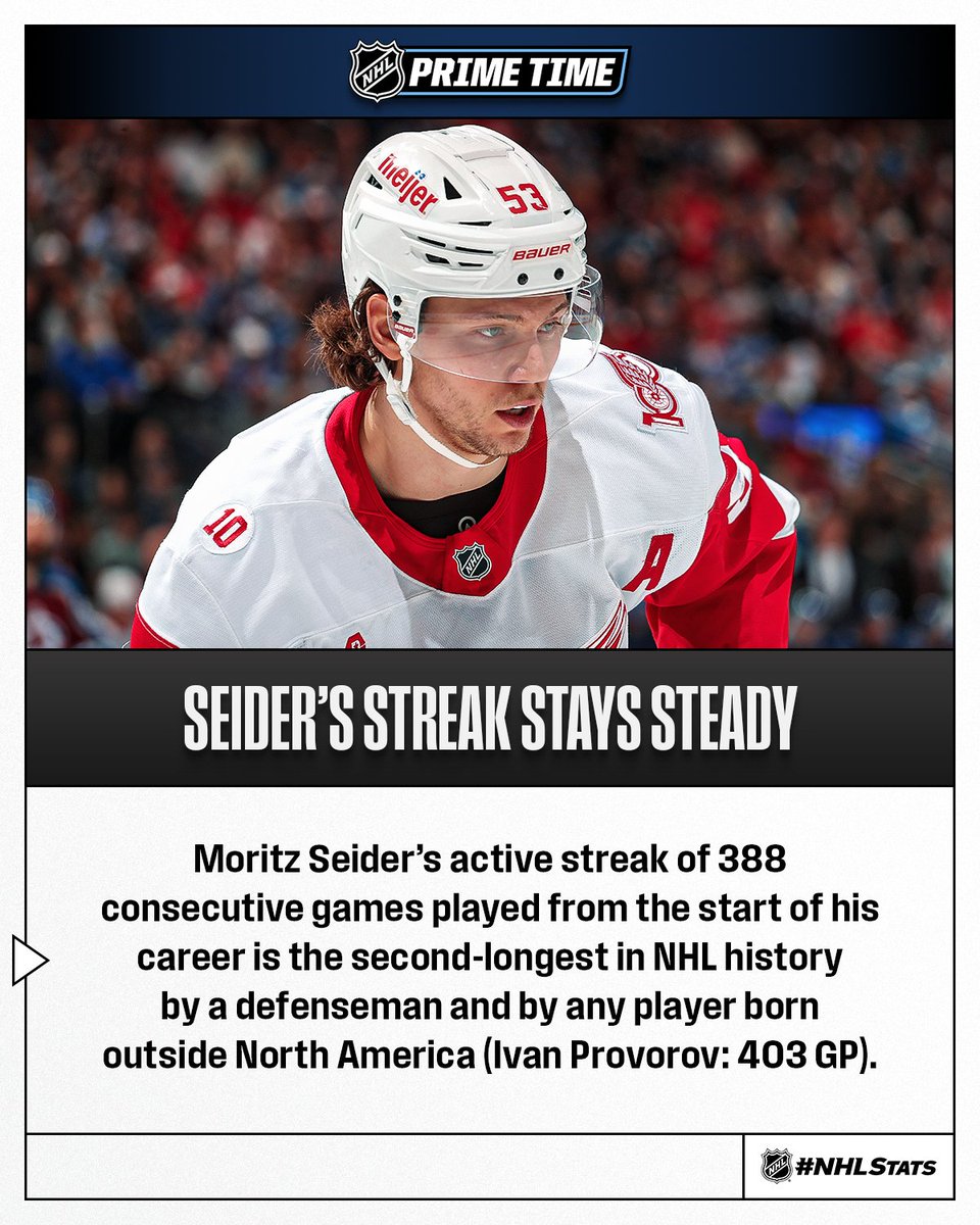 Moritz Seider is the only German defenseman ever picked in Round 1 of an NHL Draft and has never missed an NHL game.

The <a href="/PredsNHL/">Nashville Predators</a> &amp; <a href="/DetroitRedWings/">Detroit Red Wings</a> play in “NHL Prime Time” today, airing in prime-time for fans in Europe (8 p.m. CET).

#NHLStats: media.nhl.com/public/news/19…